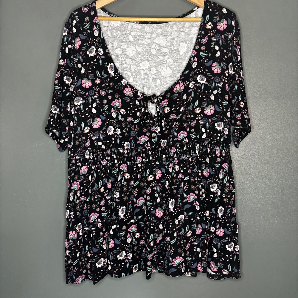 torrid Black Floral V-Neck Tunic with Pink & White Flowers